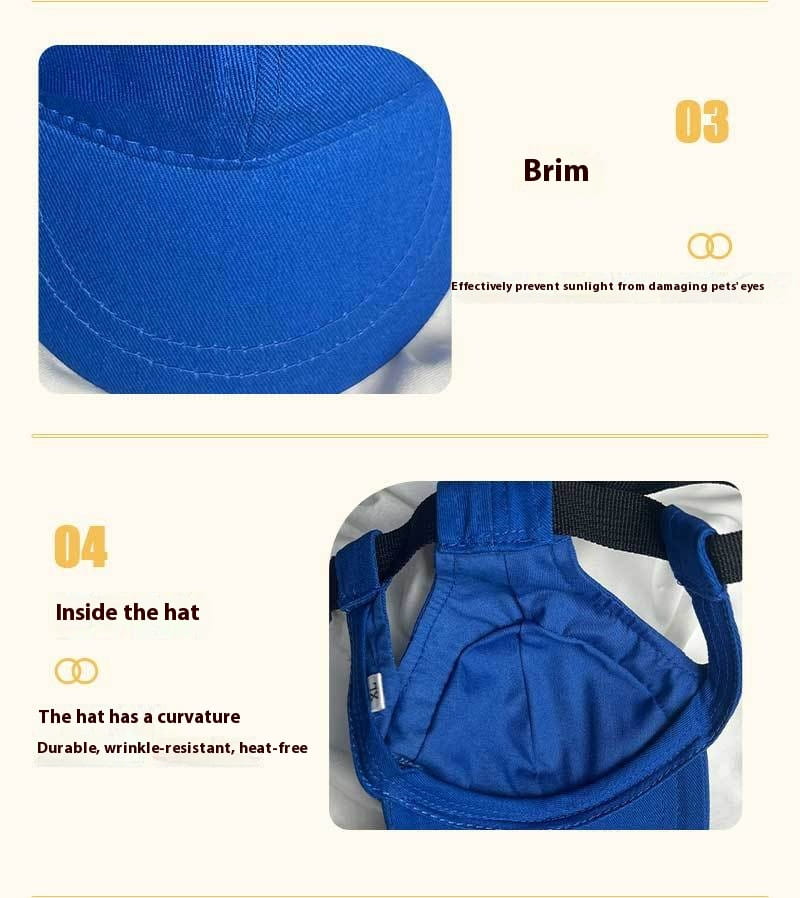 adjustable sun proof pet hat with blue fabric brim features neat stitching and a curved design for sun protection with ear holes.
