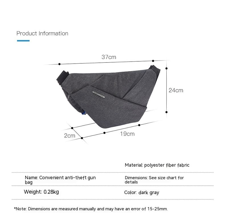Bolsa bandolera empresarial para el pecho, minimalista y a prueba de robos, con diseño angular y elegante, fabricada en tejido de poliéster color gris oscuro, con correa ajustable.