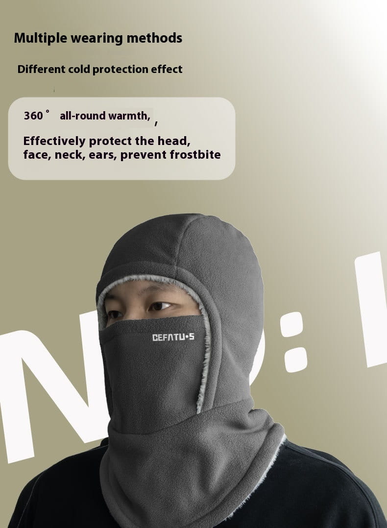 Gray fleece hooded balaclava winter thermal hat with soft plush interior lining and defatu-5 brand name embroidered on the forehead.