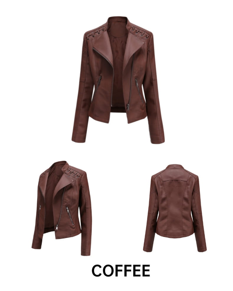 Kaffeefarbene Damen-Slim-Fit-Faux-Leder-Motorradjacke mit Reißverschluss-Details und gestickten Schulterakzenten.