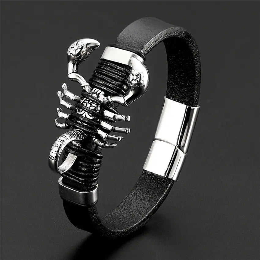 Men’s black leather scorpion bracelet featuring a silver-toned metal magnetic clasp and a detailed scorpion charm.