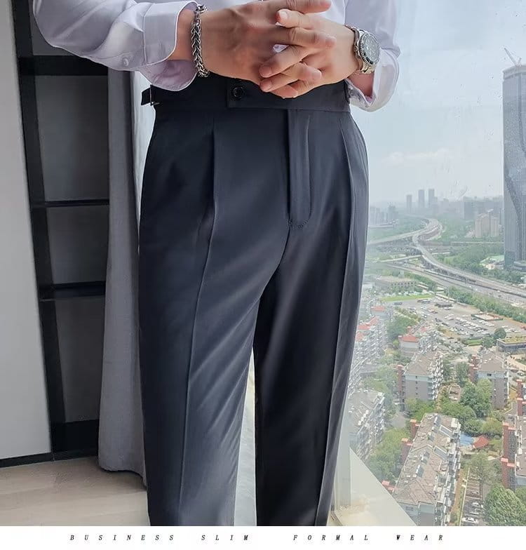 Black slim formal trousers with a tailored fit and pleated front designed in Korean style for men.