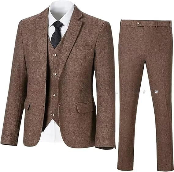 Brown textured herringbone wool three-piece slim work suit with notched lapels and matching trousers