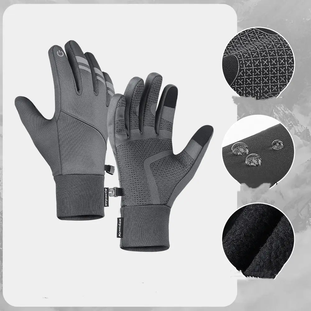 Black windproof thermal touchscreen winter gloves with textured grip and fleece lining showing the back side.