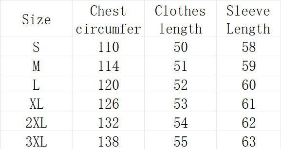 Tabla de tallas para chaqueta acolchada tipo puffer para mujer, con cremallera, como abrigo exterior abrigado, que muestra la circunferencia de pecho, la longitud de la prenda y las medidas de la manga en centímetros para las tallas de S a 3XL.