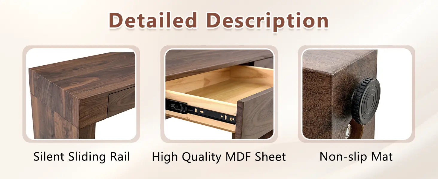 Dark brown walnut wood bar table with double drawers 50 inch featuring a sleek modern design with silent sliding rails and a non-slip mat.