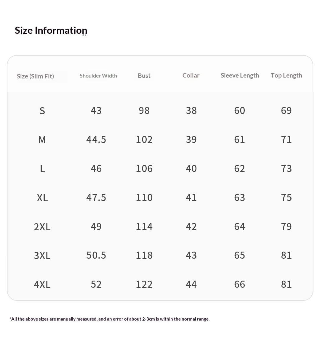 Tabla de información de tallas en centímetros para la camisa de manga larga abotonada slim-fit con rayas para hombres, que muestra medidas desde la talla s hasta la 4xl.