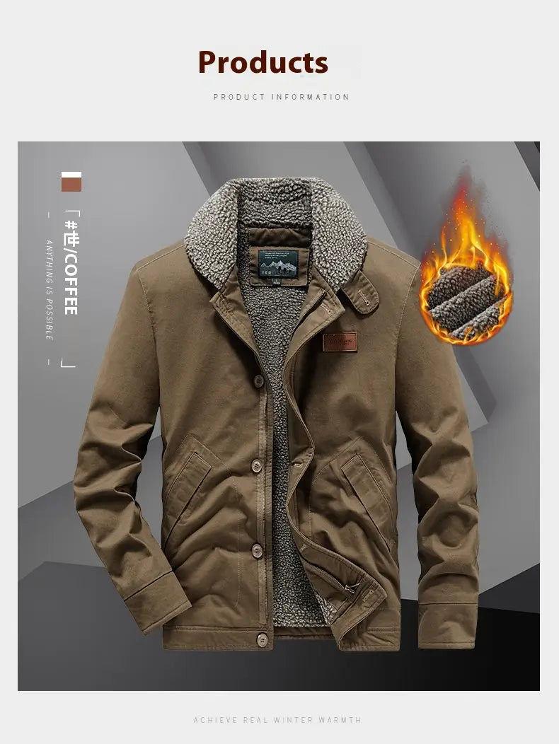 Mens fleece lined winter cotton jacket in tan corduroy with a plush textured fleece collar and inner lining.