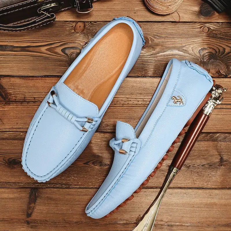 men’s plus size light blue leather driving moccasin loafers featuring a braided strap and gold tone hardware