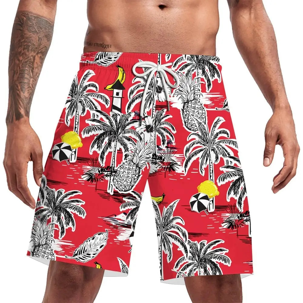 men casual swim trunks featuring a red tropical print with black and white palm trees pineapples and beach umbrellas designed for beachwear and boardshorts use.
