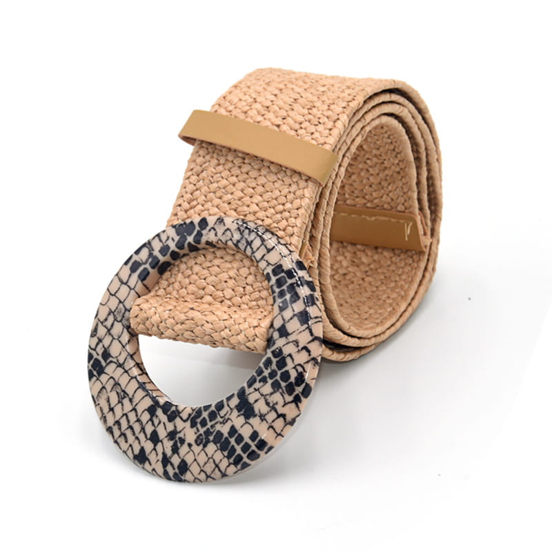 Beige woven elastic belt featuring a black and beige snake-print round buckle.