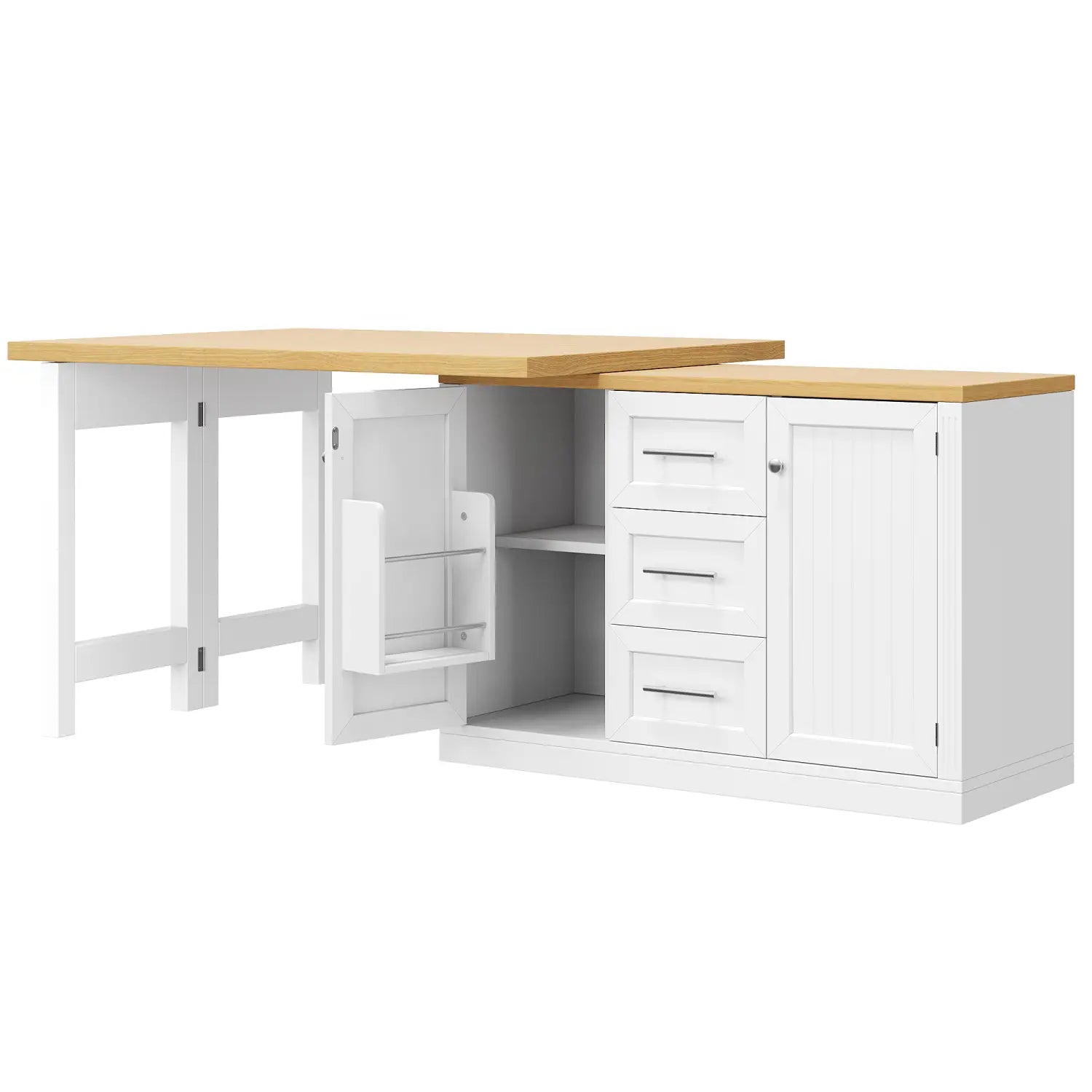 White and light wood extendable kitchen island dining table with fold-down table leaf three drawers and a cabinet door featuring a built-in shelf for storage.