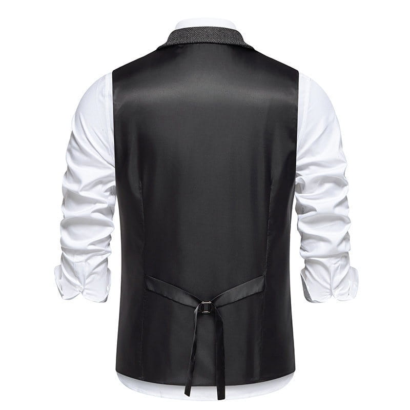 Chaleco de traje tipo sastre doble abotonado de espiga para hombre en satén negro con cuello de textura y cinturón con corbata a juego