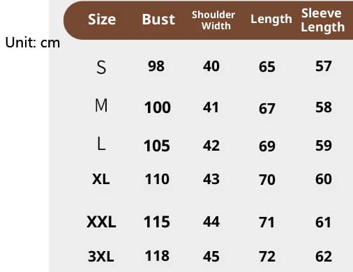 Größentabelle für einen Herren-Zopfstrick-Reißverschluss-Pullover aus Kaschmir, der die Maße eines Damen- Kleidungsstücks in Zentimetern über die Größen S bis 3XL darstellt.