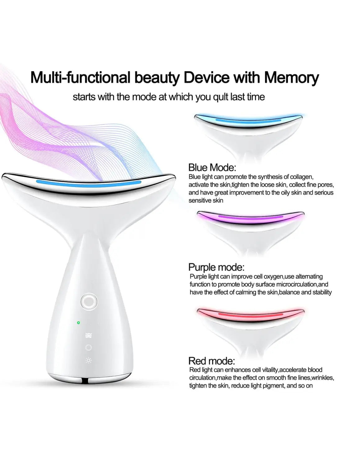 Weißer, eleganter LED-Gesichts- und Nackenstraffer mit modernem geschwungenem Design und drei Lichtmodi, angezeigt durch blau, violett und rot leuchtende Streifen zur Faltenentfernung.