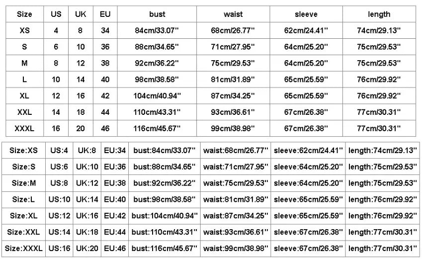 Size chart for a women’s tiered ruffle mini dress with lantern sleeves displaying bust waist sleeve and length measurements across sizes xs to xxxl with corresponding us uk and eu sizing.