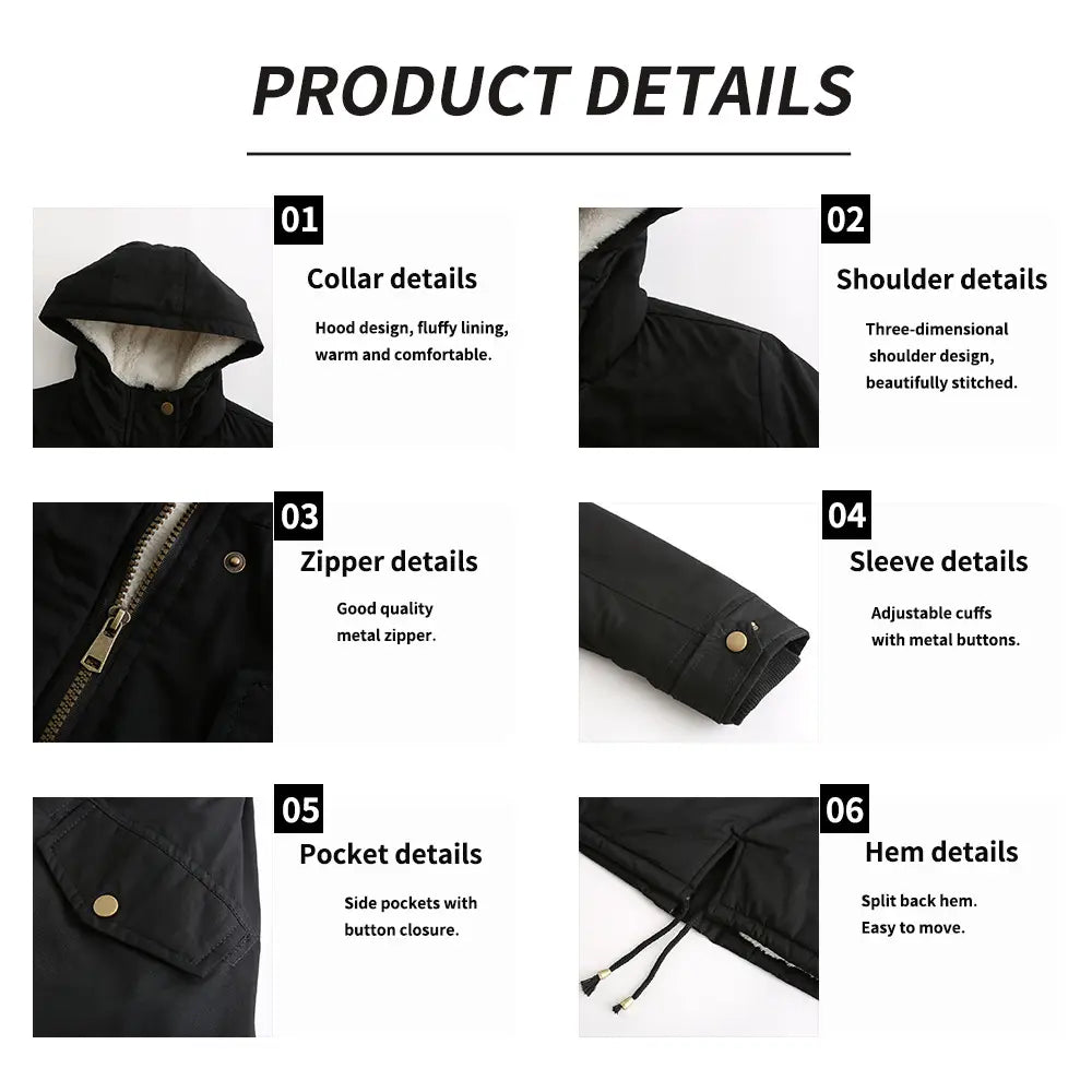 parka de invierno de algodón acolchado con cuello de piel para mujer en color negro, con capucha, forro blanco esponjoso, hombros tridimensionales, cierre metálico con cremallera y cierres con botón
