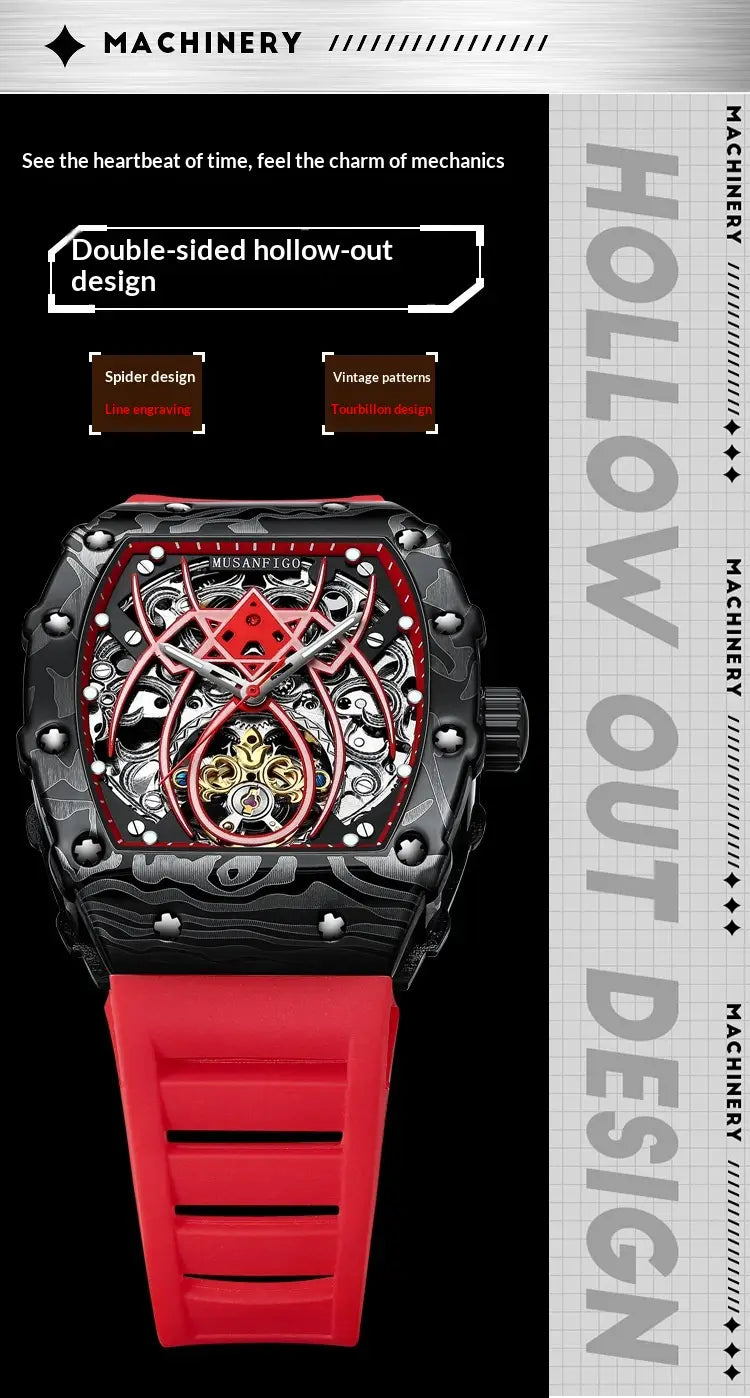 Men’s barrel skeleton automatic mechanical sport watch with a black and red spiderweb skeletonized face and textured rubber strap.