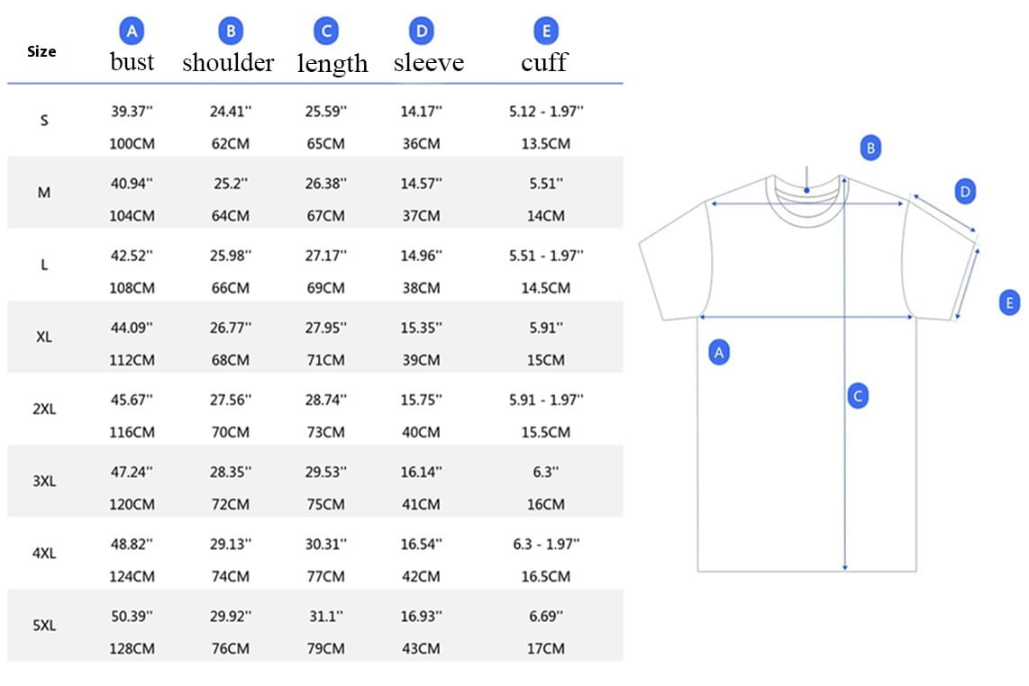 Size chart displaying measurements in inches and centimeters for women’s relaxed pleated button up shirt with rolled sleeves in sizes s through 5xl.