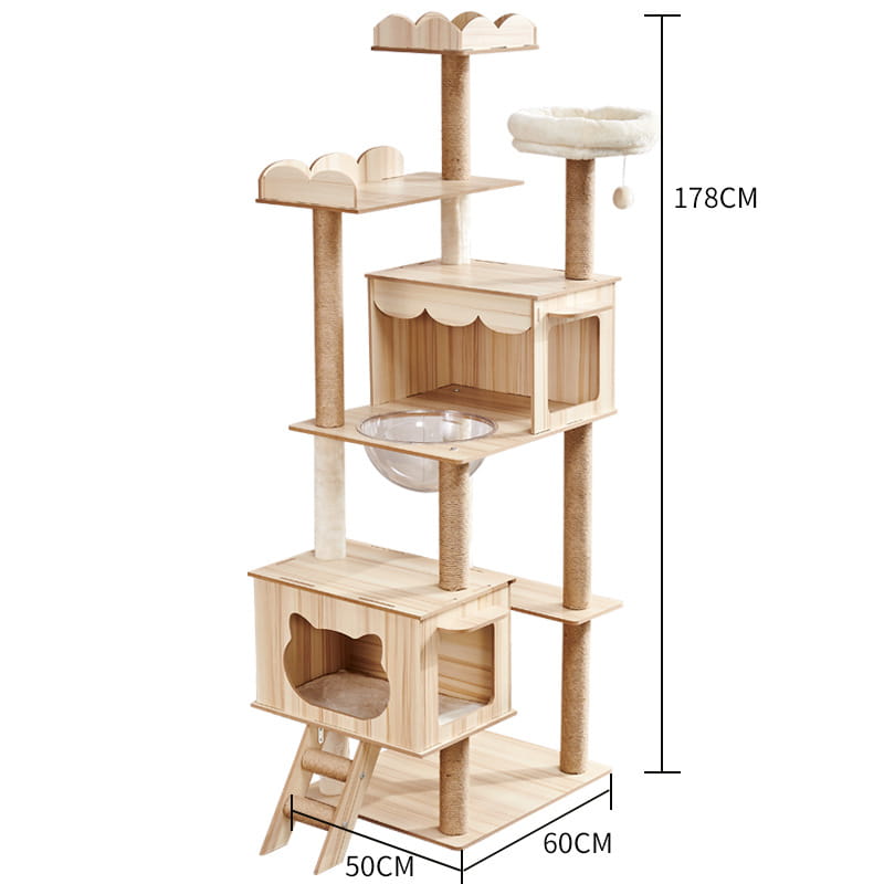 A tall multi-level wooden cat tree with light-colored wood construction and sisal rope scratching posts designed for cat scratching and lounging.