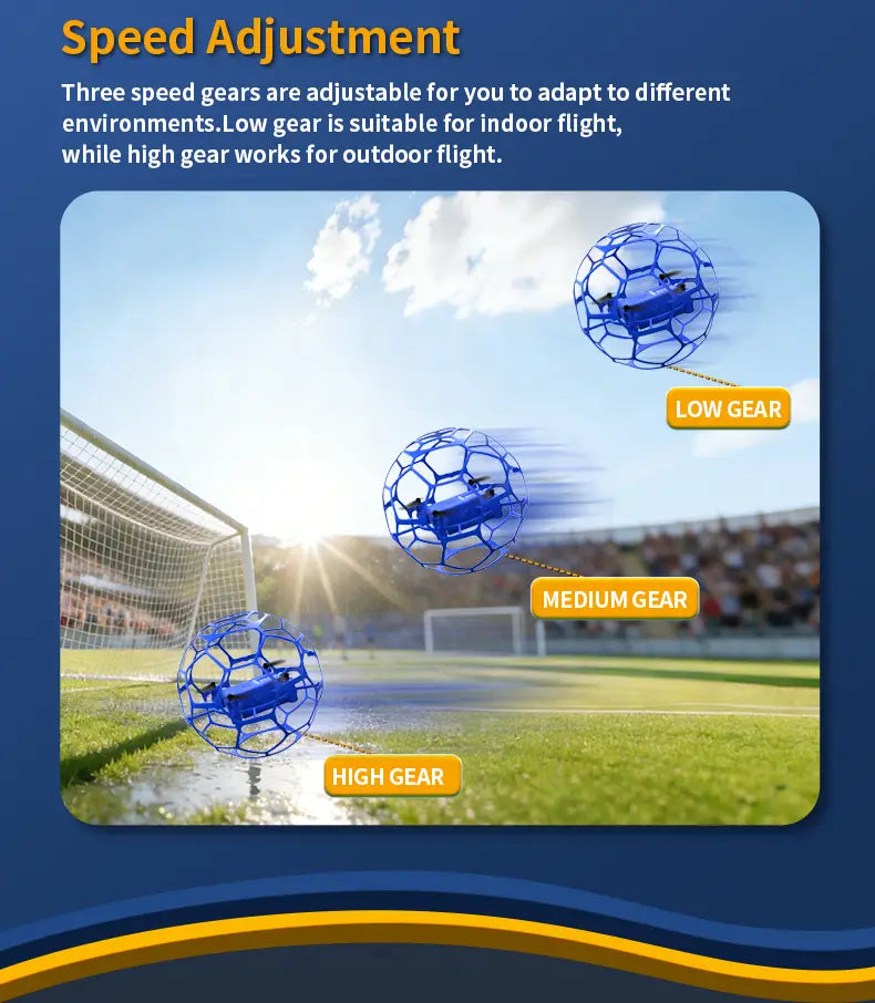 k26 football drone blue spherical cage toy with visible propellers internal components and hexagonal mesh design