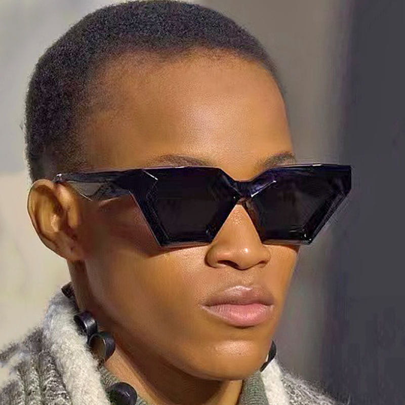 black geometric-frame modern irregular cat eye uv400 sunglasses with dark lenses designed for sun protection