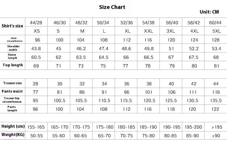 Tableau des tailles affichant des mesures en centimètres pour le costume trois pièces en lin pour homme, coupe slim, décontracté, pour marié, de la taille XS à 5XL.