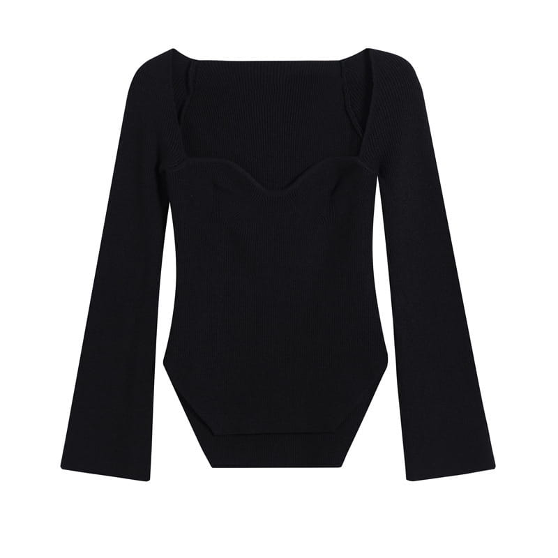 Black ribbed long-sleeved bodysuit with a square neckline and flared sleeves made of knit material for a stylish pullover look.