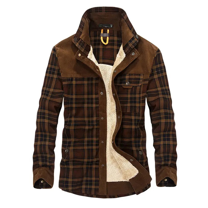 Men’s plaid fleece lined corduroy winter jacket in brown with suede accents and plush beige fleece lining.