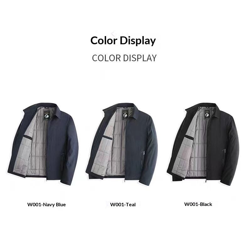 men’s padded winter cotton coats in navy blue teal and black with quilted design structured collar and front zipper closure