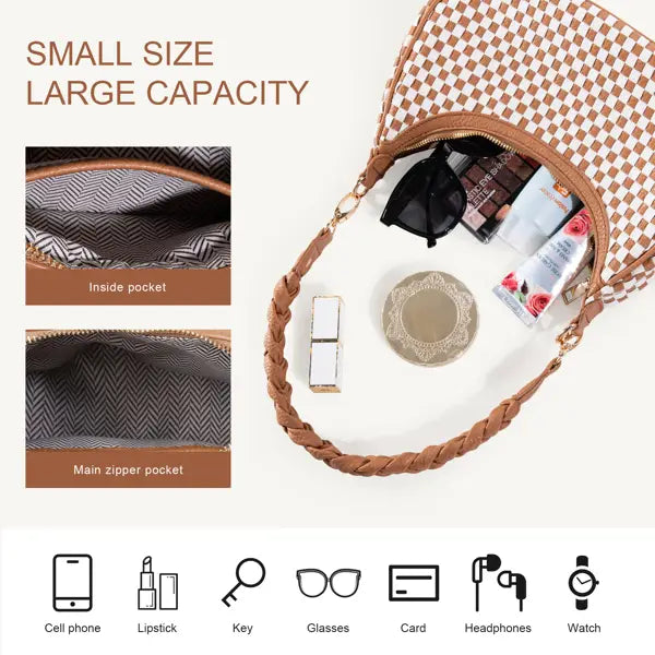 brown woven strap shoulder bag with checkered patterned vegan leather body and gold-tone hardware in a hobo style design