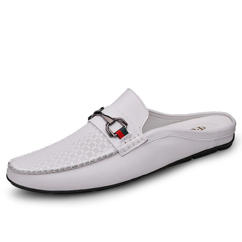 Men’s leather mule loafers in white with a textured upper, black rubber sole, and a silver-toned metal horsebit buckle featuring red and green woven stripes.