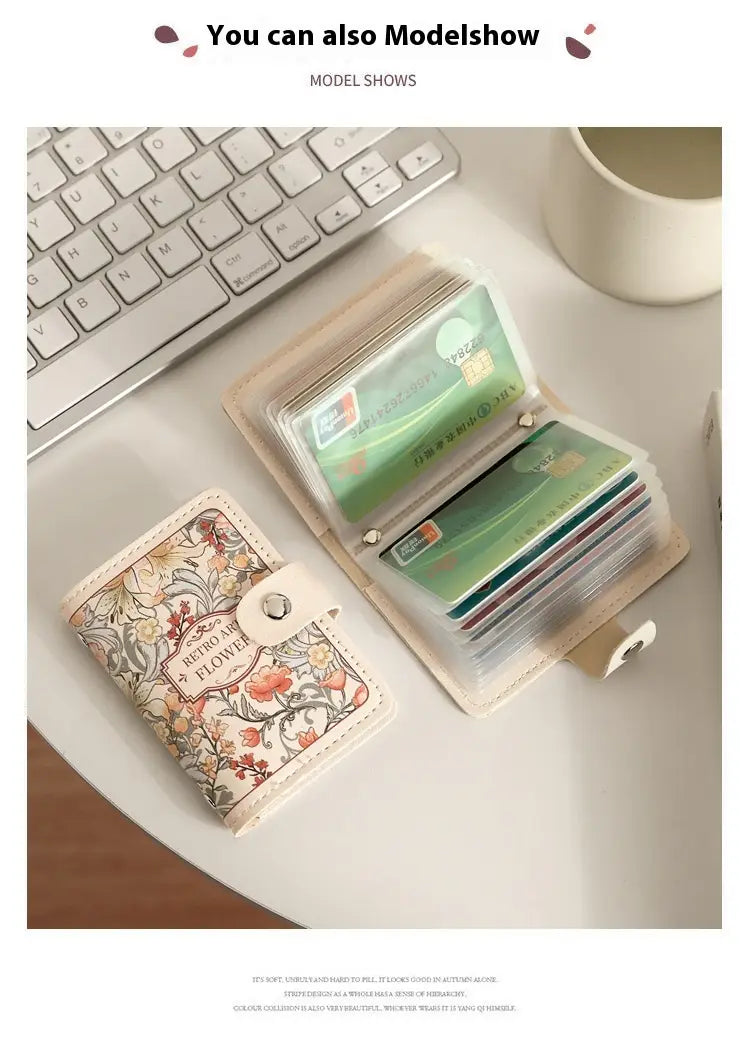 Vintage floral leather card holder wallet in cream color featuring a floral pattern, silver-toned snap closure, and transparent plastic inserts for cards.