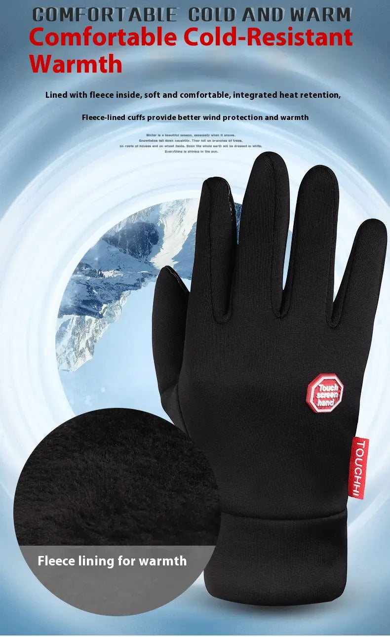 Black touchscreen-compatible gloves with fleece lining and usb heated windproof design for warm cycling use showing the back side of the product.