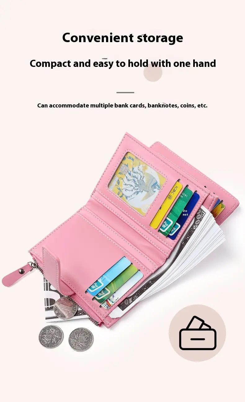 Pink leather women’s short woven textured wallet with multiple card slots and a zippered compartment.
