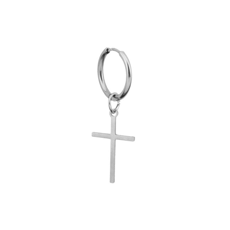 Minimalist stainless steel cross hoop earrings featuring a silver cross pendant with a simple and minimalist design.
