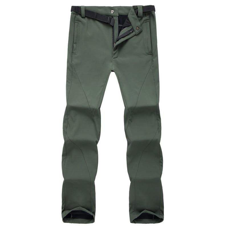 Dark olive green lightweight water-resistant waterproof fleece ski pants for men and women with a black belt.