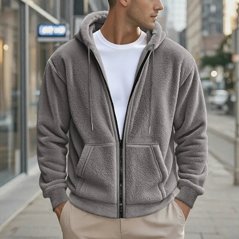 Men’s fleece lined loose zip up hooded jacket in gray with a soft textured fleece exterior and matching hood lining.