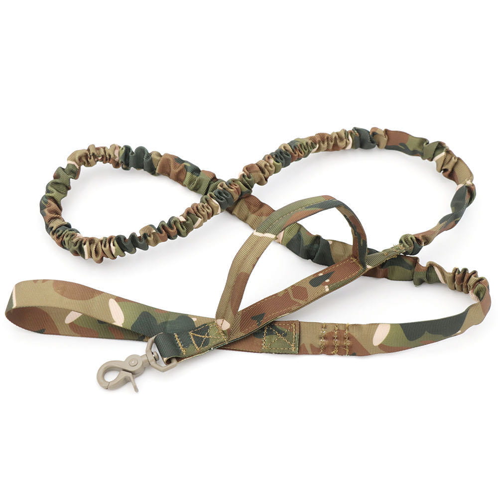 Tactical bungee dog leash in camouflage pattern featuring elastic material, sturdy metal clasp, and reinforced fabric handle for secure pet control.