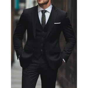 Black woolen three piece suit with tailored fit featuring a textured tie and matching vest designed as slim fit business attire for men.
