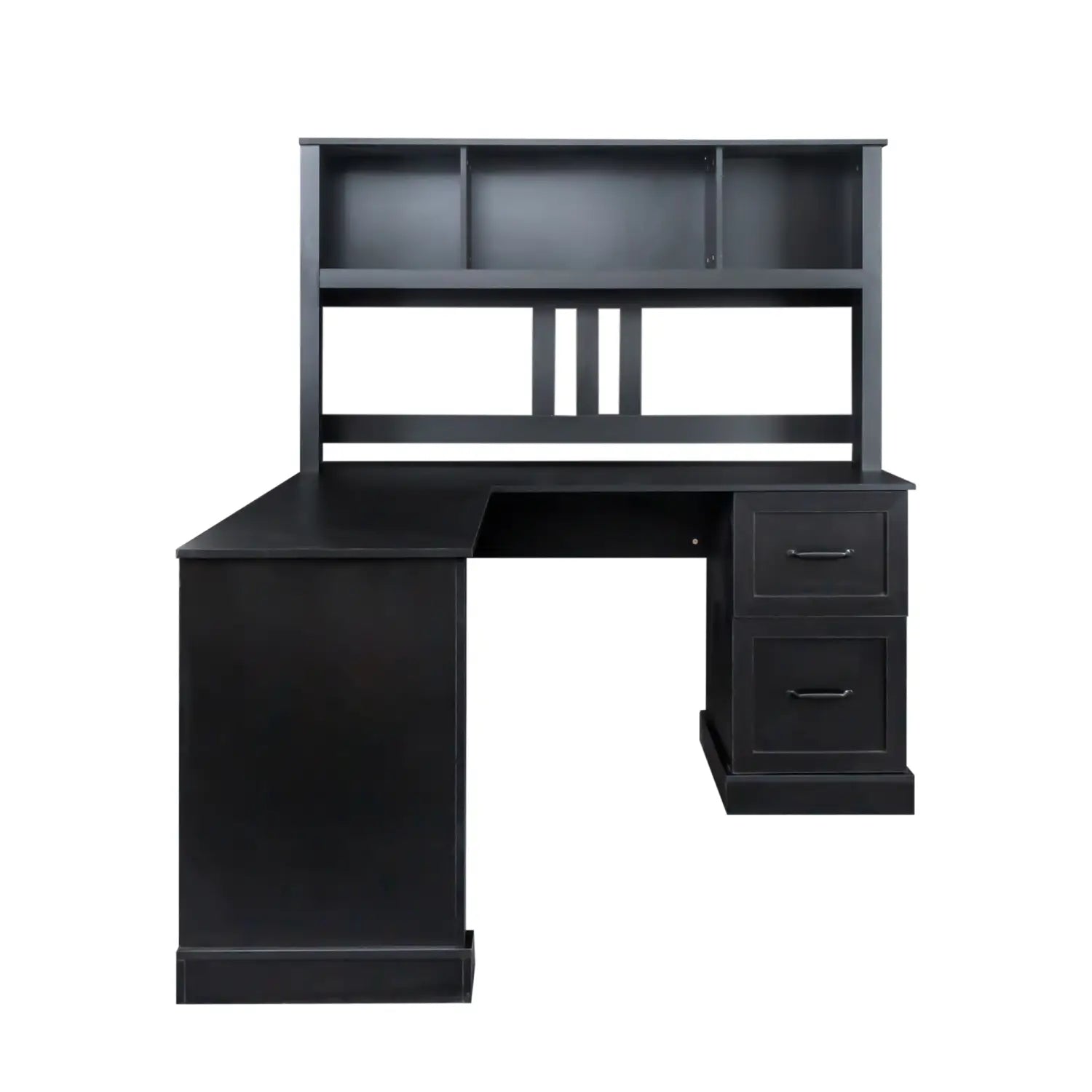 Bureau d’ordinateur en forme de L noir avec hutch assorti, doté de trois tiroirs et de lattes verticales au dos pour une organisation efficace du bureau à domicile.