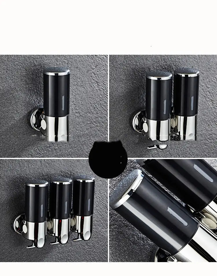 black and chrome wall mounted soap dispenser with dual spray feature and sleek cylindrical abs pump design