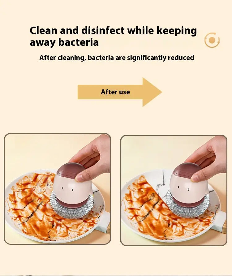 brosse pour plat en forme d’œuf à deux tons, avec tête arrondie blanche et brune et base en maille argentée, comportant un récurant-distributeur automatique de savon liquide