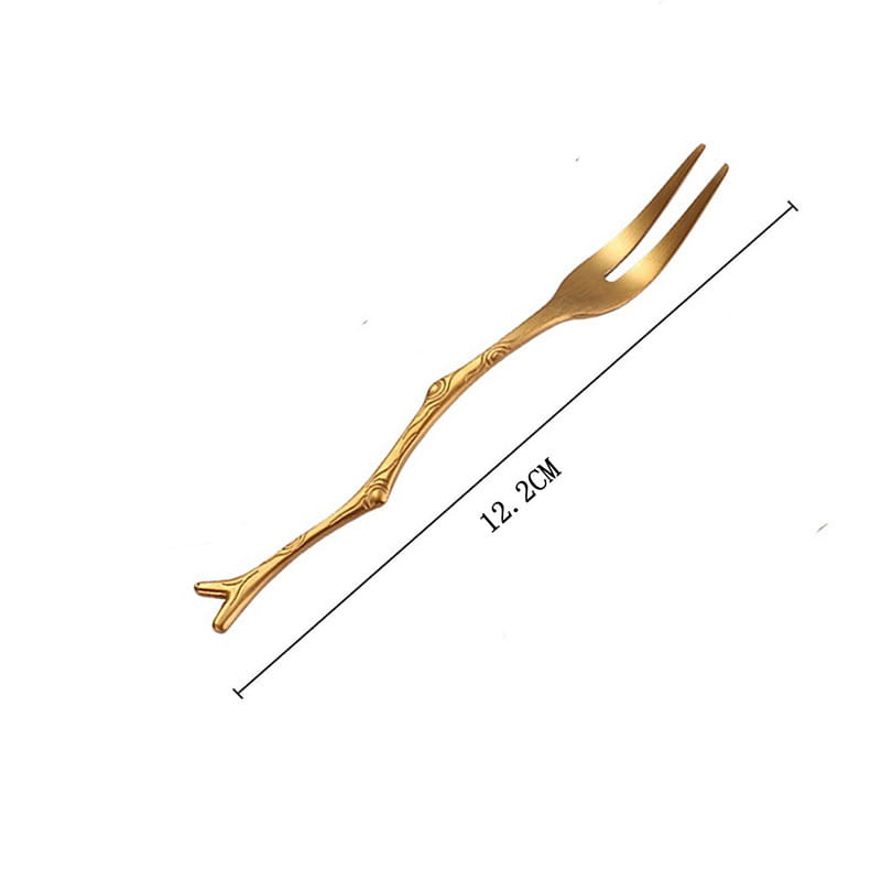 Fourchette de service pour dessert en acier inoxydable à branche dorée, à la finition métallique épurée, avec des détails raffinés imitant le grain du bois le long de son manche