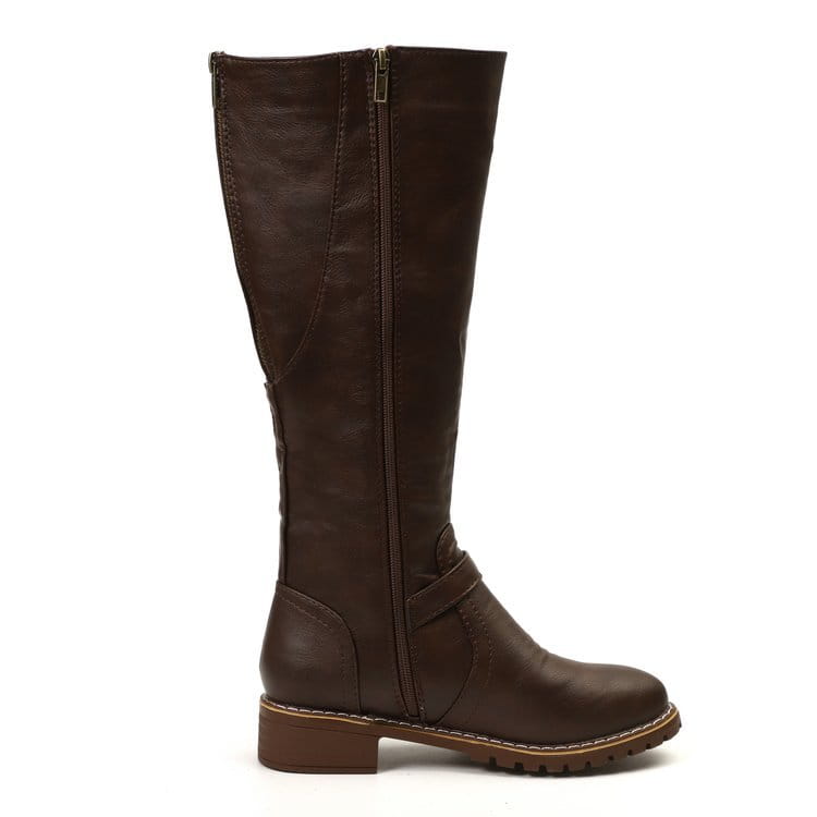 Brauner Leder-Knielappen, Reitstiefel mit goldfarbener Schnalle, niedrigem Absatz und seitlichem Reißverschluss.