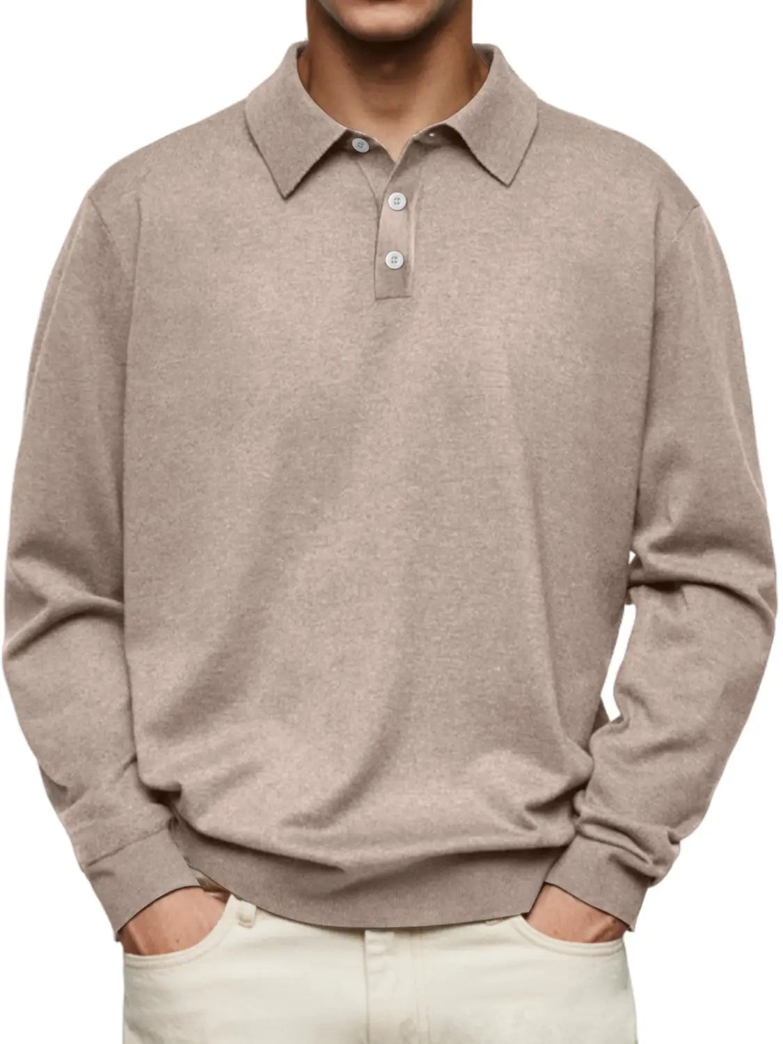 Beige men long sleeve v-neck polo shirt with classic collar and white buttons designed for casual and professional wear.
