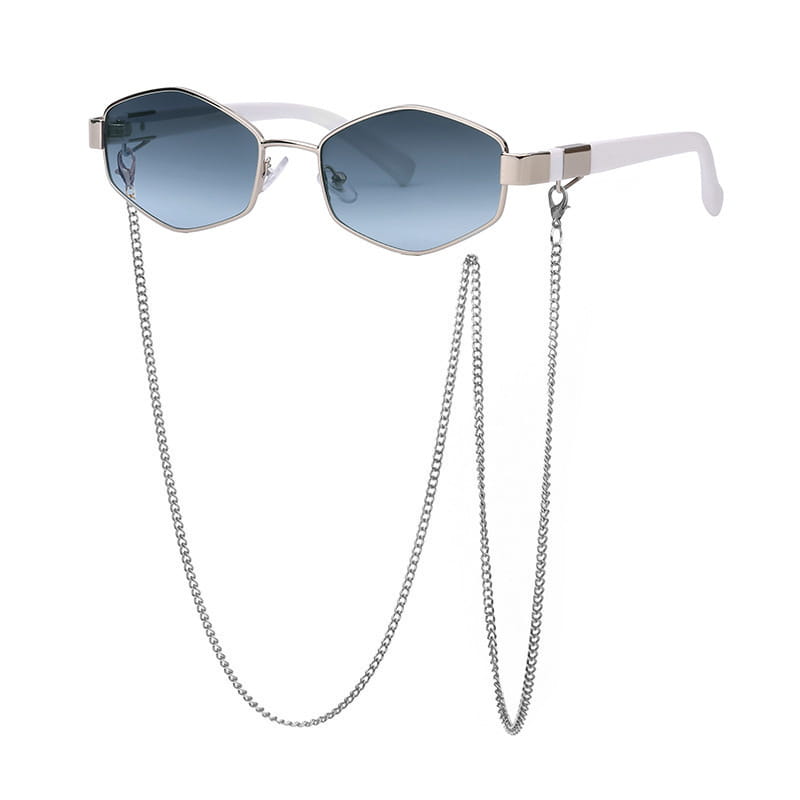 Women’s white-framed octagonal sunglasses with gradient blue lenses and a silver chain strap.