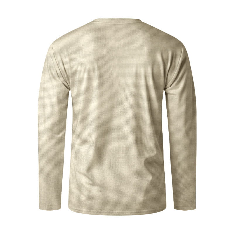 Beige men’s long sleeve waffle knit thermal pullover shirt with a subtle textured pattern.