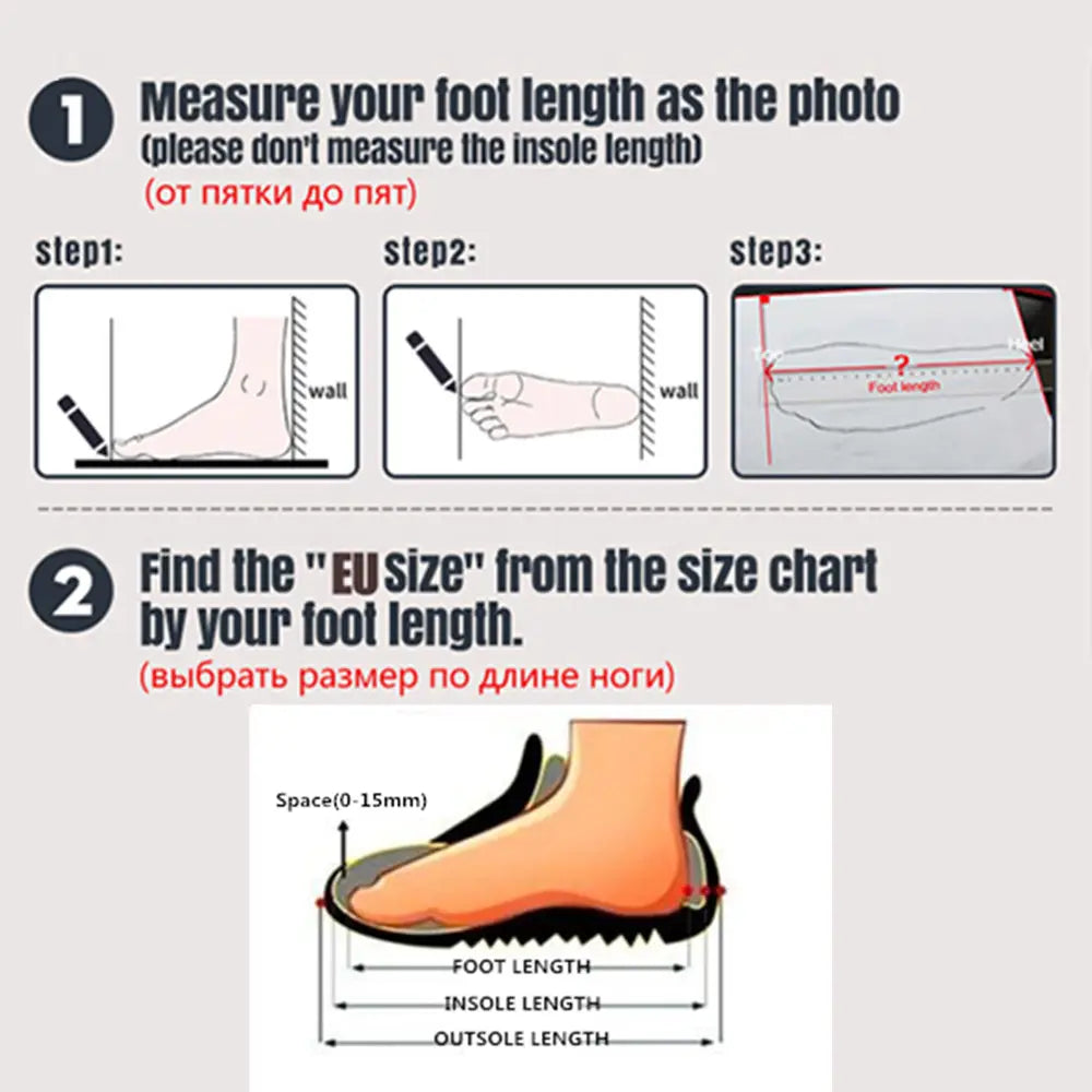 Instructional diagram for measuring foot length to select shoe size featuring a cartoon illustration of an orange foot inside a black and gray shoe with labeled dimensions for embossed stone pattern slip on leather loafers.