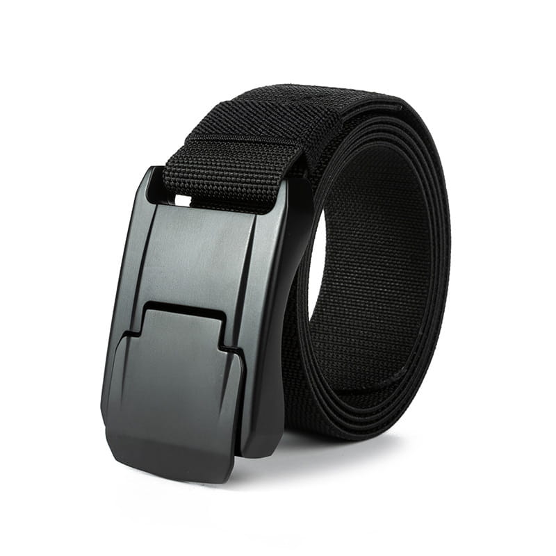 Ceinture tissible extensible tactique noire avec boucle automatique en métal à finition mate, conçue pour la durabilité et la fonctionnalité